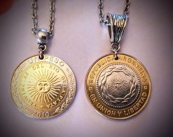 Argentina Sol de Mayo 1 OR 2 Peso Bimetallic Coin Pendant Necklace 1994-2016, choose year
