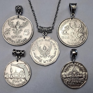 Thailand Garuda Dragon Temple Silver Tone 5 Baht Coin Pendant Necklace, 1972-2017, 5 options