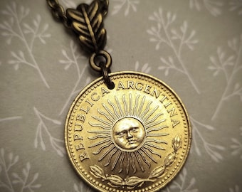 Argentina Sol de Mayo Warm Brass 1 peso coin pendant necklace 1974-1976 choose year