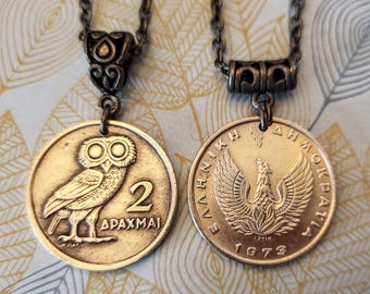 Greece Athena Owl & Rising Phoenix Brass Coin Pendant Necklace, 1973 only