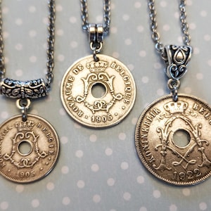 Belgium Belgique Pre-war Antique OLD Silver tone 5, 10 or 25 Centimes coin pendant necklace 1902-1932, choose year