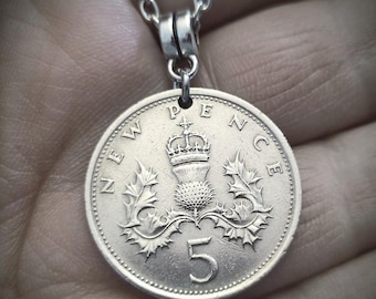 Scottish Thistle Coin Pendant Necklace, UK 5 New Pence, Choose Year 1968-1989