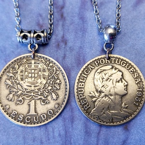 Portugal Açores portugais vintage Art nouveau 1 escudo Collier avec pendentif pièce de monnaie en ton argent 1927-1968, choisissez l'année