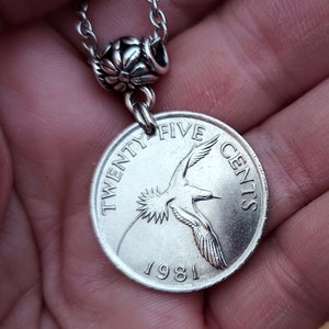 Bermuda White-Tailed Bird Silver tone 1 inch 25 cents coin pendant necklace 1970-2017, choose year