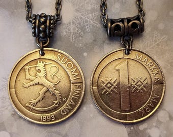 Finland Suomi 1 Markka Brass Lion Coin Pendant Necklace 1993-1998 Choose Year