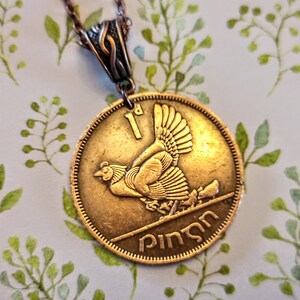 Vintage Irish Coin Necklace: Copper Hen & Harp Pendant