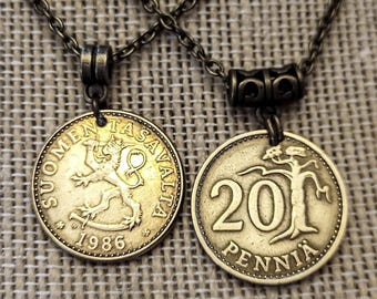 Finland Suomi 20 Pennia Brass Lion Brass Coin Pendant Necklace 1963-1987, choose year