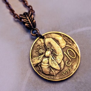 Italy Old pre-war honeybee & flower 10 centesimi coin pendant, 1920-1935, choose year