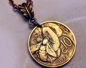 Italy Old pre-war honeybee & flower 10 centesimi coin pendant, 1920-1935, choose year