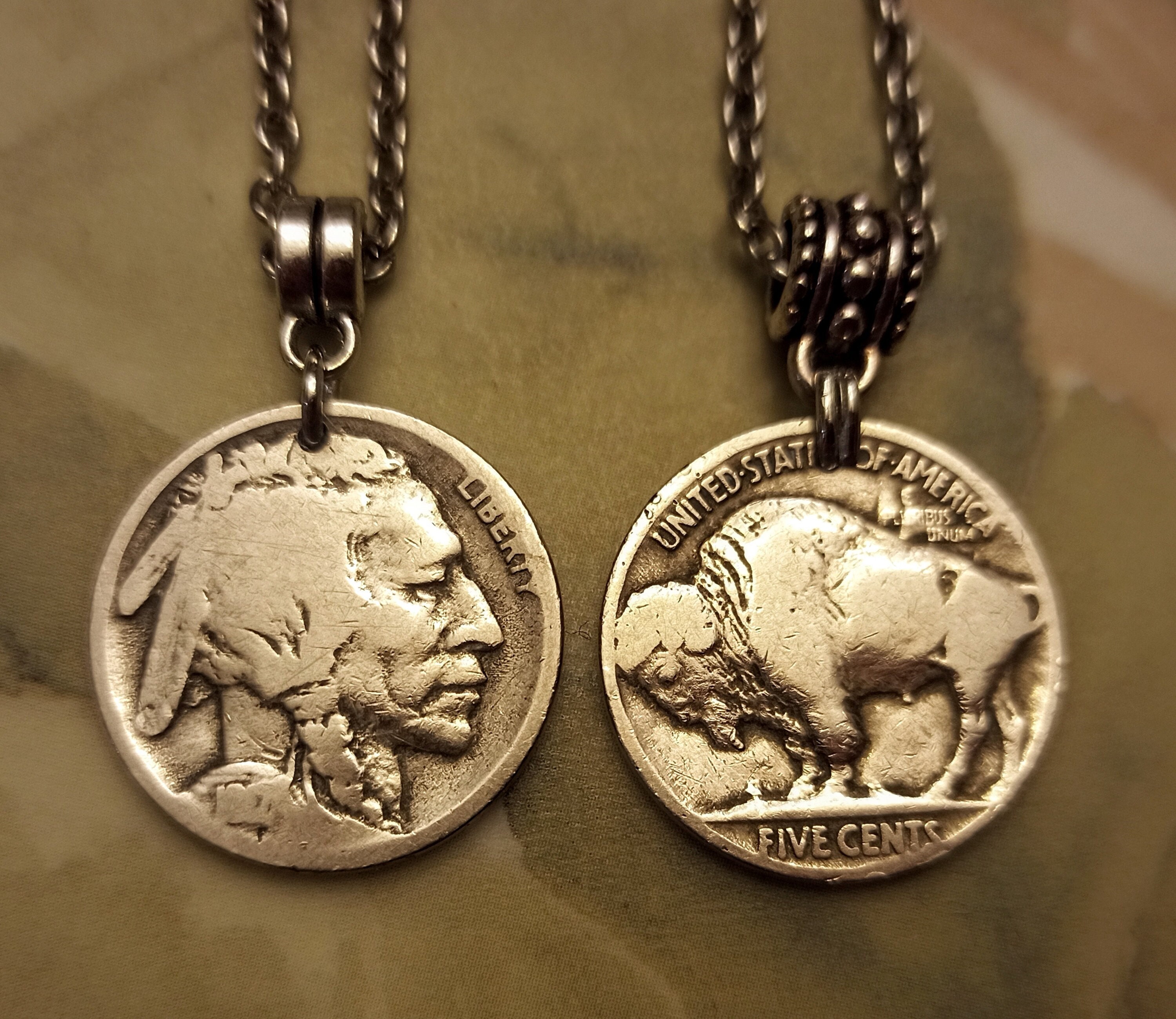 American USA OLD Buffalo Native Chief cents nickel Silver tone coin  pendant necklace