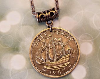 England British WW2 era Vintage Ship Bronze Coin Pendant Necklace 1937-1967 Choose Year