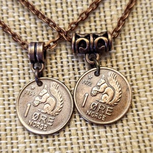 Norway Small Squirrel 1 Ore Bronze Coin Pendant Necklace 1958-1973, choose year
