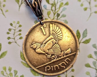 Ireland Antique Bronze Penny Necklace, Hen & Chicks Coin Pendant 1928-1968 Choose Year