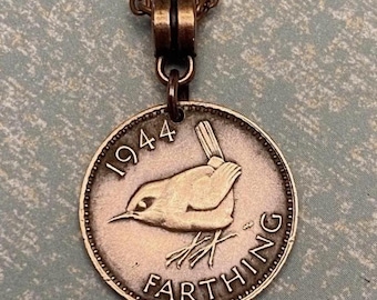 UK England Farthing Wren Bird Bronze Coin Pendant Necklace 1937-1955, choose year