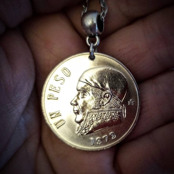 BIG Mexico 1 peso coin necklace, Senor Morelos y Pavon, 1970 to 1983, choose year