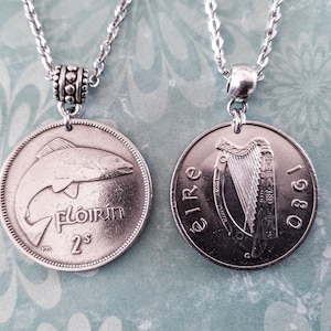 Ireland 2 Floirin/2 Scilling Salmon Fish Silver Tone Coin Pendant Necklace 1928-1985, choose year