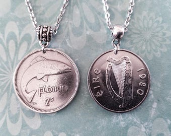 Ireland 2 Floirin/2 Scilling Salmon Fish Silver Tone Coin Pendant Necklace 1928-1985, choose year