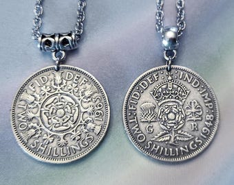 British/Scottish BIG Silver Tone Two Shilling Coin Pendant Necklace 1947-1967, choose year