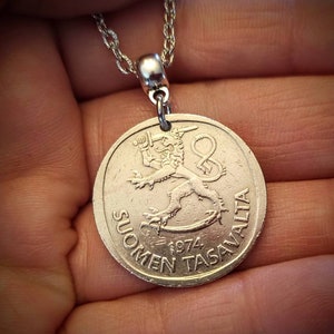 Finland Suomi Old 1 Markka Silver tone 1 inch coin pendant necklace 1965-1990, choose year