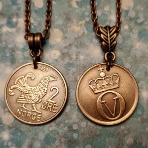 Norway 2 ore Vintage Bronze Grouse Bird coin pendant necklace 1959-1973, choose year