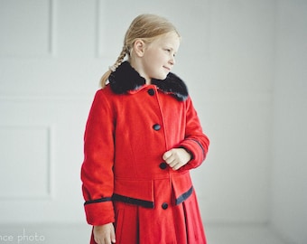Red girl's wool coat with real mink fur collar  - Baby Girl Coats - Wool Winter Jacket Toddler