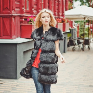 Black Fur Vest for Women | Real Fox Fur Sleeveless Jacket | Warm Winter Coat | Luxury Fall Outerwear | Soft Fur Gilet