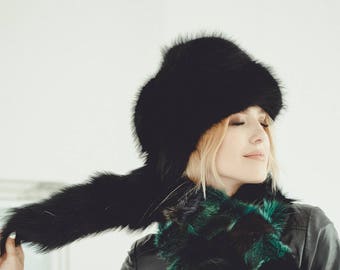 Black Fox Fur Hat & Scarf Set: Leather Winter Set (22.5-23  display picture 1