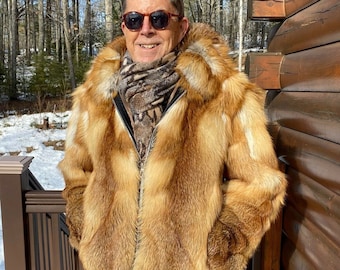 Hooded Mens Fox Fur Coat - Winter Jacket Men - Oversized Fur Coats Male - Luxury gift for men