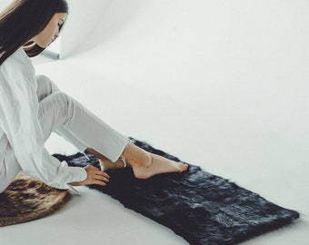 Black Real Beaver Fur Rug | Genuine Fur Carpet | Soft Living Room or Bedside Decor