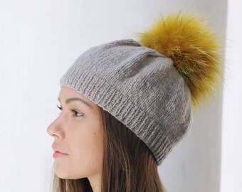 Yellow Fur Pom Pom - Raccon Detach Pompom for Hat - Large Faux Fur Pom Poms for Hats