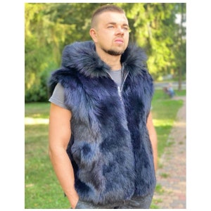 Men's Short Hooded Viking Faux Fur Vest in Gray Brown XL / Custom