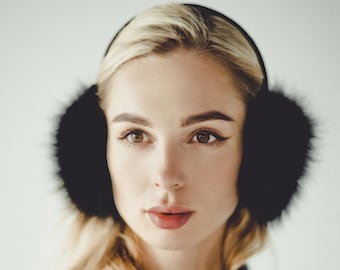 Black Fox Fur Earmuffs - Winter Ear Muffs  - Womens Ear Warmer