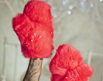 Red Fur Gloves - Real Fur Mittens Women - Winter Arm Warmers- Men Hand Warmers