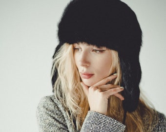 ほぼ未使用☆UNUSED RABBIT FUR HAT UH0365 size1 Buy Black Rabbit Fur Hat With Ear Flaps | Ushanka Trapper Hat