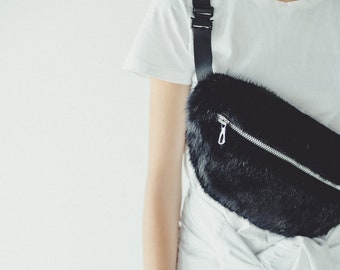 Fur Hip Bag - Waist Real Fur Bags - Black Fanny Pack - Small Crossbody Purse - Winter Bag