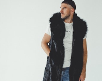 Black Fur Vest Men - Long Mens Fox Fur Vest - Real Fur Vests Men