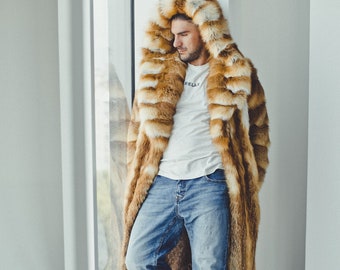 Mens Long Red Fox Fur Coat with the Hood - Real Fur Winter Outerwear