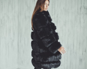 Abrigo negro de piel de zorro - Abrigos largos de invierno para mujer - Regalo de aniversario de mujer