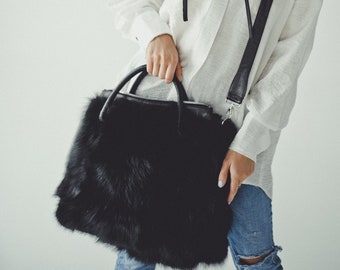 Black Fox Fur Tote Bag - Real Fur Bags Women - Red Furry Purse - Shoulder Bag