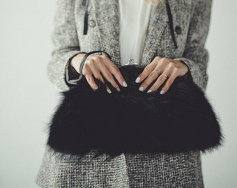 Black Fur Clutch Bag - Real Fur Handbag - Evening Purse - Gift for Mum