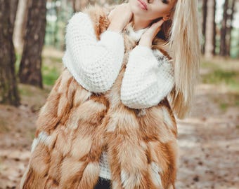 Red Fox Fur Vest for Women | Real Fur Winter Gilet | Handmade Sleeveless Jacket