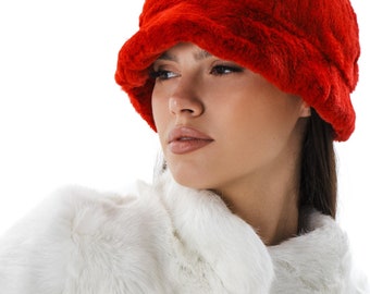 Red Rabbit Fur Bucket Hat | Real Fur Panama Hat for Women & Men | Furry Winter Hat | Unisex Warm Gift
