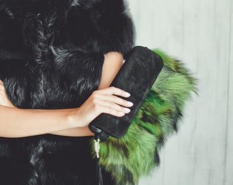 Real Fur Bag - Green Clutch Handbag - Gift for her - Fur Tote Purse Bag