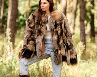 Handmade Raccoon Fur Patchwork Jacket – Women's Winter Coat
