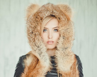 Fox Fur Teddy Bear Hat | Unisex Winter Hood with Ears