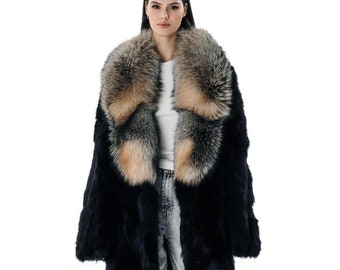 Black Fur Coat with Silver Fox Collar – Women's Real Fur Winter Jacket