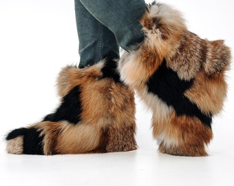 Fox Fur Home Boots – Red and Black Real Fur Indoor Slippers for Men, Women & Kids | Handmade Winter Booties