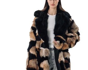 Fox Fur Coat with Black Collar | Oversized Real Fur Women’s Winter Coat