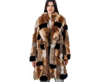 Fox Fur Coat with Collar | Women’s Winter Real Fur Jacket | Red Black Oversized Fluffy Coat