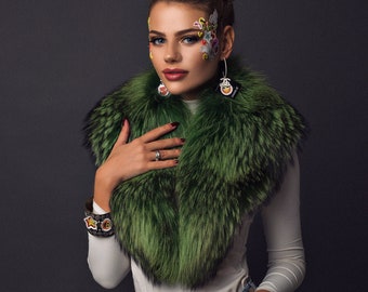 Cuello de piel de mapache verde – Bufanda de piel auténtica, calentador de cuello desmontable